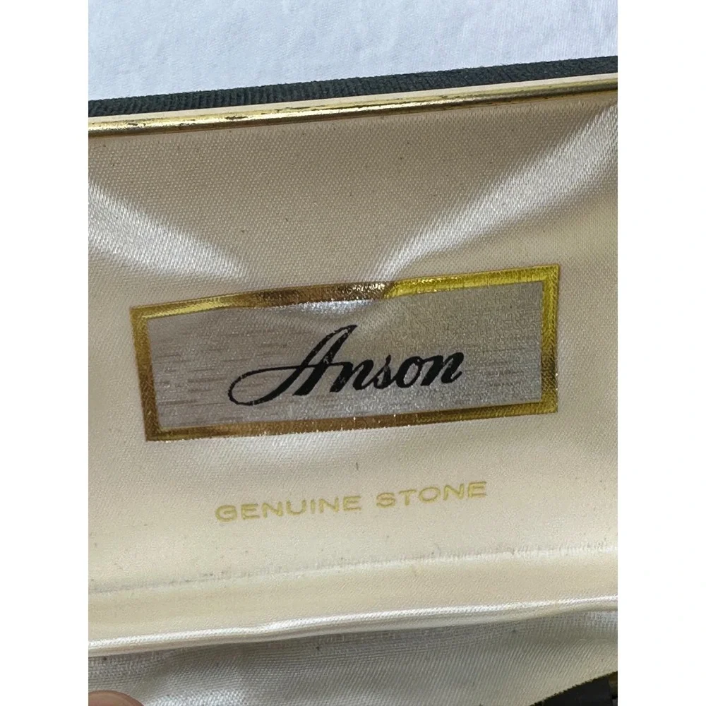 Anson Cufflinks Tie Tack Set Tigers Eye Gold Tone Brown Rectangle Boxed VTG